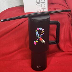 Simple Modern Black Floral Fighting Together Ribbon 40oz. Trek Tumbler w/Straws
